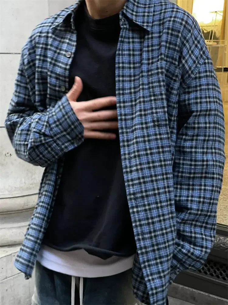 

OL style, blue plaid shirt casual loose lazy polished shirt