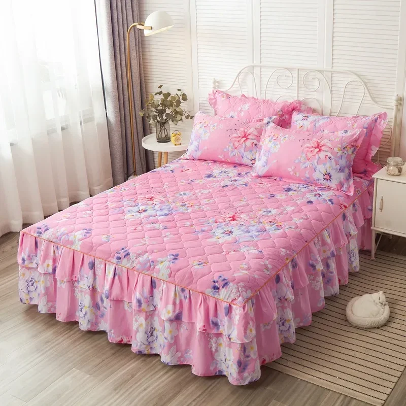 New Ruffle Skirt Bedspread Home Textile Printed Bed Skirt Bedroom Coverlets Bedspreads Sheets Dust Cover Bedding 3PCS/Set