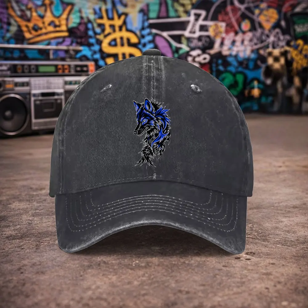 1pc Unisex Blue Black Wolf Totem Vintage Washed Baseball Cap Men'S Trendy Hat Versatile Duckbill Cap Fun Print Unique Birthday G
