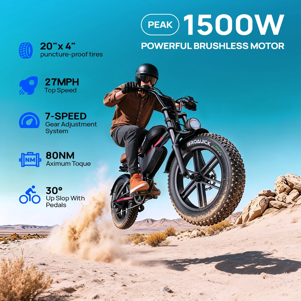 QNUT BK20 Adult Electric Bike 1500W Peak Motor 48V 18AH Removable Battery 20"*4.0"Fat Tire Full Suspension All‑Terrain Off‑Road Vintage Chopper Ebike Mountain Dirt Bike Ship From US Warehouse image 3