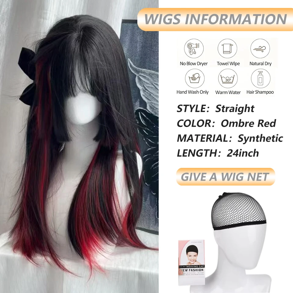 Black Highlighted Red Synthetic Wigs with Bangs Long Straight Lolita Cosplay Wig For Women Daily Wear Halloween Costume Wig