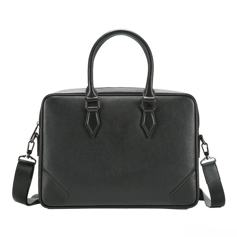 Men's Top Grain Leather Briefcase Large Capacity Black 14 Inch Laptop Business Office Travel Top Handle
