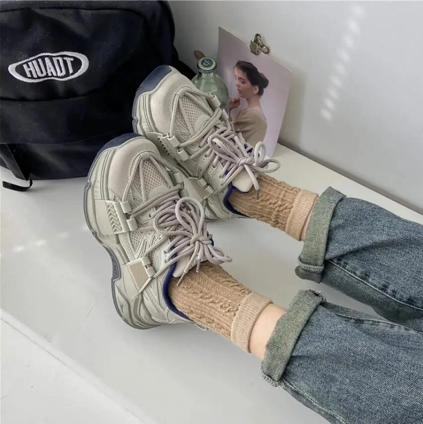 2023 Sneakers Women Platform Casual Shoes Fashion Sneakers Platform Basket Femme Grey Lace-Up Casual Chunky Shoes