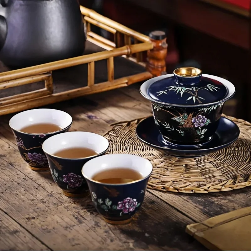 Kobaltblaue Keramik-Teetassen mit Goldbesatz – handgefertigtes Kung-Fu-Teeset, Zen-Zeremonie und 6-teilige Geschenkbox für Zuhause und Geschenke