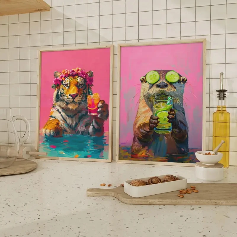 

2Pcs/Set Dopamine Animal Bar Canvas Painting Otter Cocktail Colorful Fashion Kitchen Wall Art Restaurant Home Decor Frameless