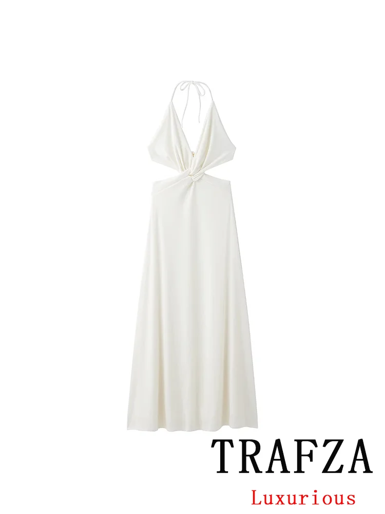 

TRAFZA Sexy Chic White Women Solid Dress Halter V-Neck Backless Straight Long Vestidos Fashion 2025 Summer Vacation Beach Dress
