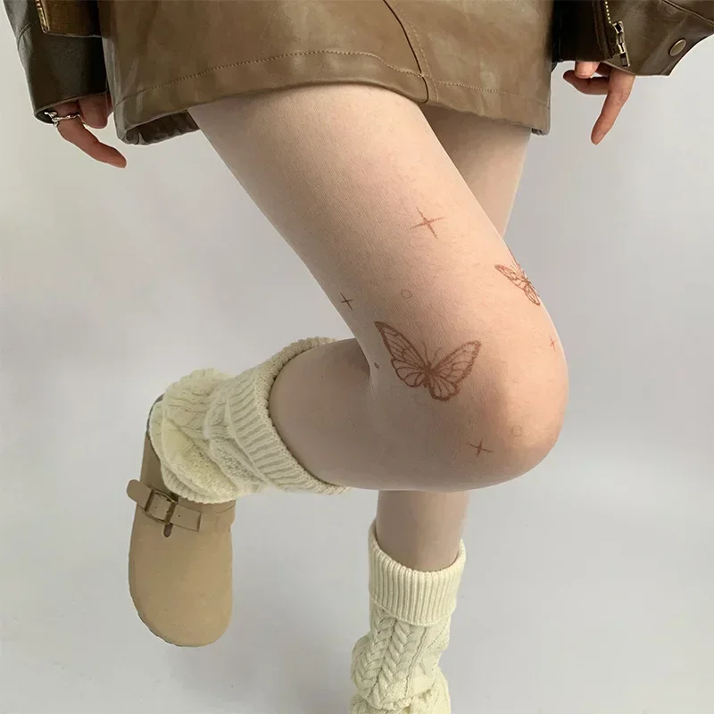 Y2k meias de cor de pele para mulheres borboleta vermelha coxas meias lolita tatuagem impressa borboleta fashionstockings