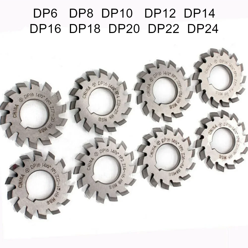 

DP24 DP22 DP20 DP18 DP16 DP14 DP12 DP10 DP8 1-8# 8pcs/set PA14.5 HSS Gear Milling cutter