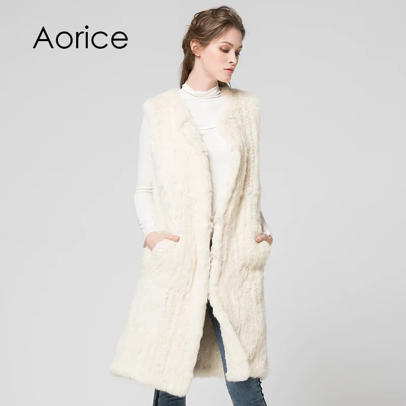 VT7036-Chaleco de punto de piel de conejo Natural auténtica para mujer, Chaqueta larga de estilo nuevo