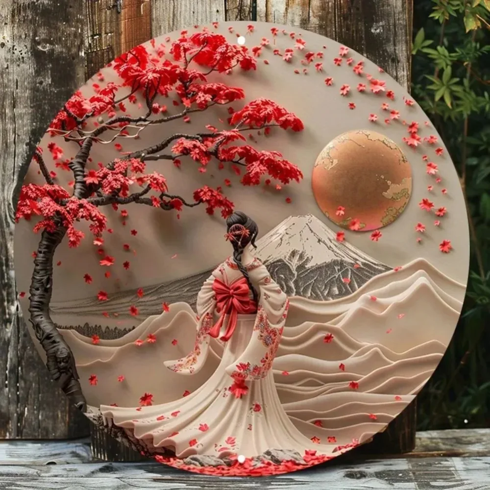 Vintage Japanese Geisha Sakura Cherry Blossom Mountain Wave HD Print Metal Tin Sign – Featuring Elegant Woman in Kimono, Red Map