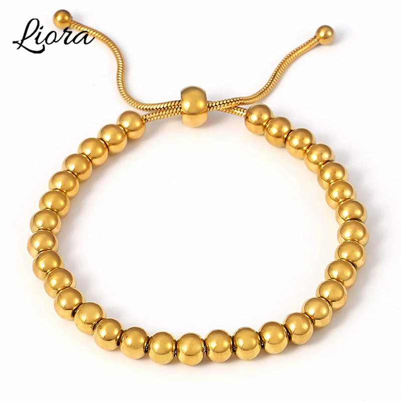 Liora 6mm Strand Beaded Charm Bracelets For Women Stainless Steel Snake Chain Wristband Bangle Adjustable Length Fashion Jewelry