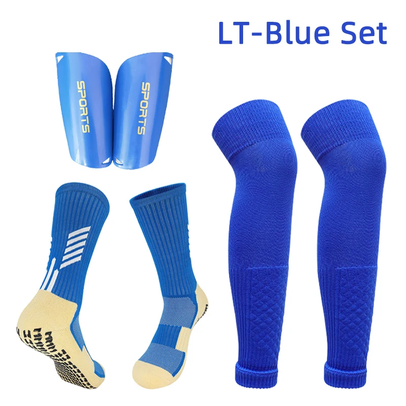 A Set Anti Slip Soccer Socks Adults Kids High Elasticity Soccer Shin Guard Sleeves Over Knee Football Leg Guard Protective Gear