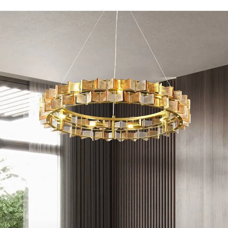 

2026 New Handmade Glass Pendant Chandelier with Full Set of E14 Bulbs Blue Amber Clear Light Electroplating Lamp Body