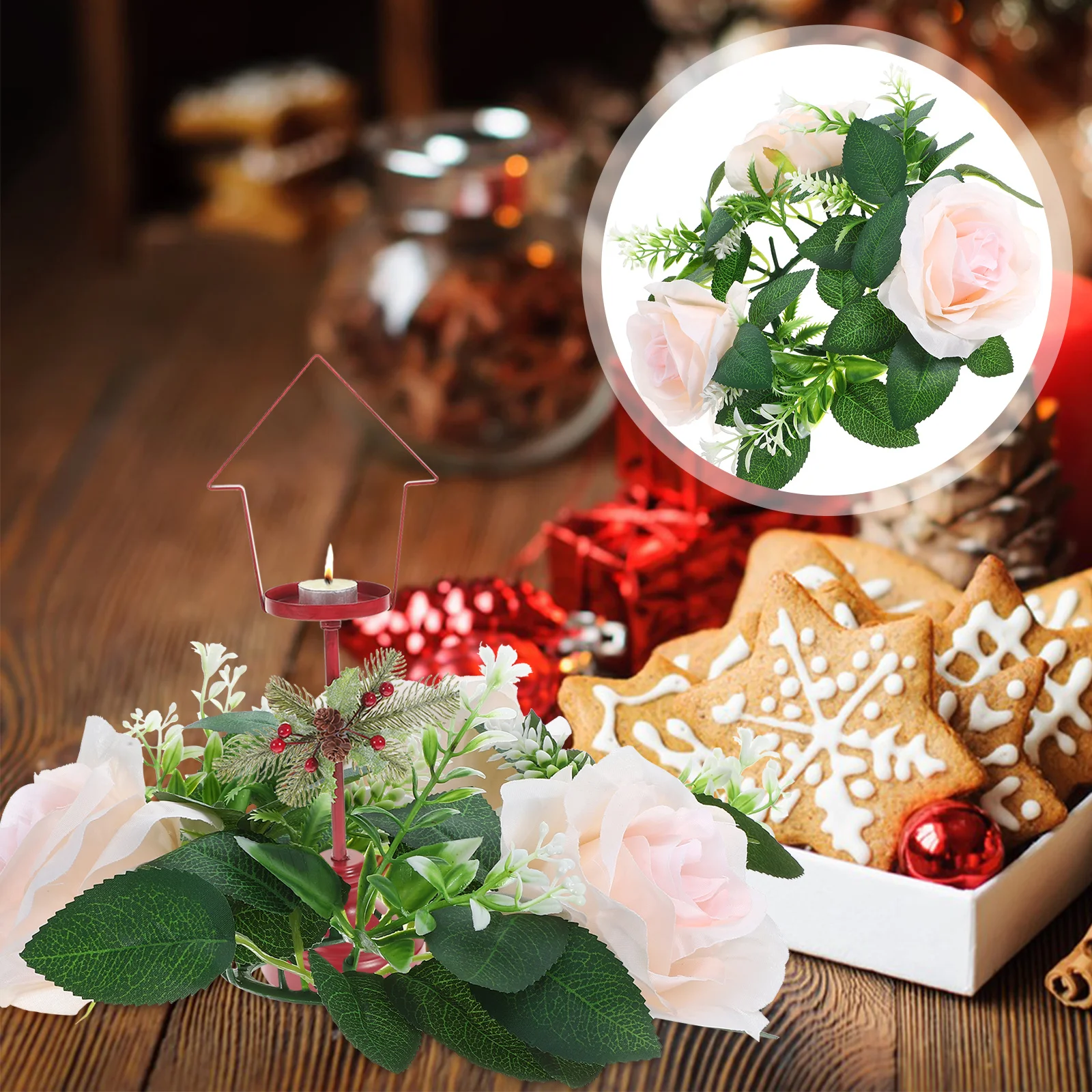 

1pcs Artificial Rose Ring Wreath For Pillar Candles Wedding Table Centerpiece Floral Decor Spring Home Party Decoration