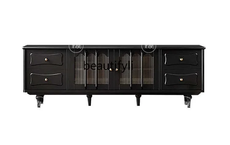 

02Black solid wood TV cabinet French retro cabinet light luxury high-end living room home storage locker integrated