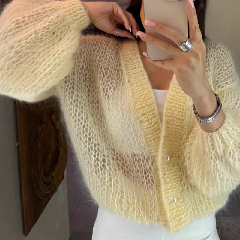 

Mohair Cardigan Jacket 2025 Spring and Autumn Fashion Hollow Women's Casual Sweater