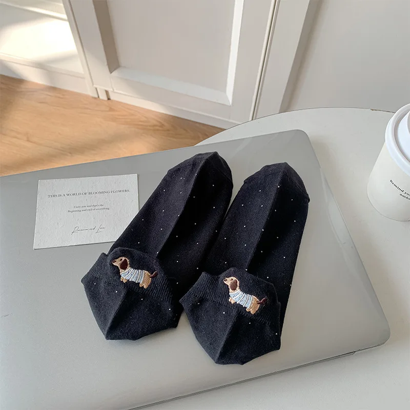 Spring Summer Thin Women Short Socks Polka Dots Cute Cartoon Sausage Dog Embroidery Boat Socks Pure Cotton Short Trendy Socks image 6