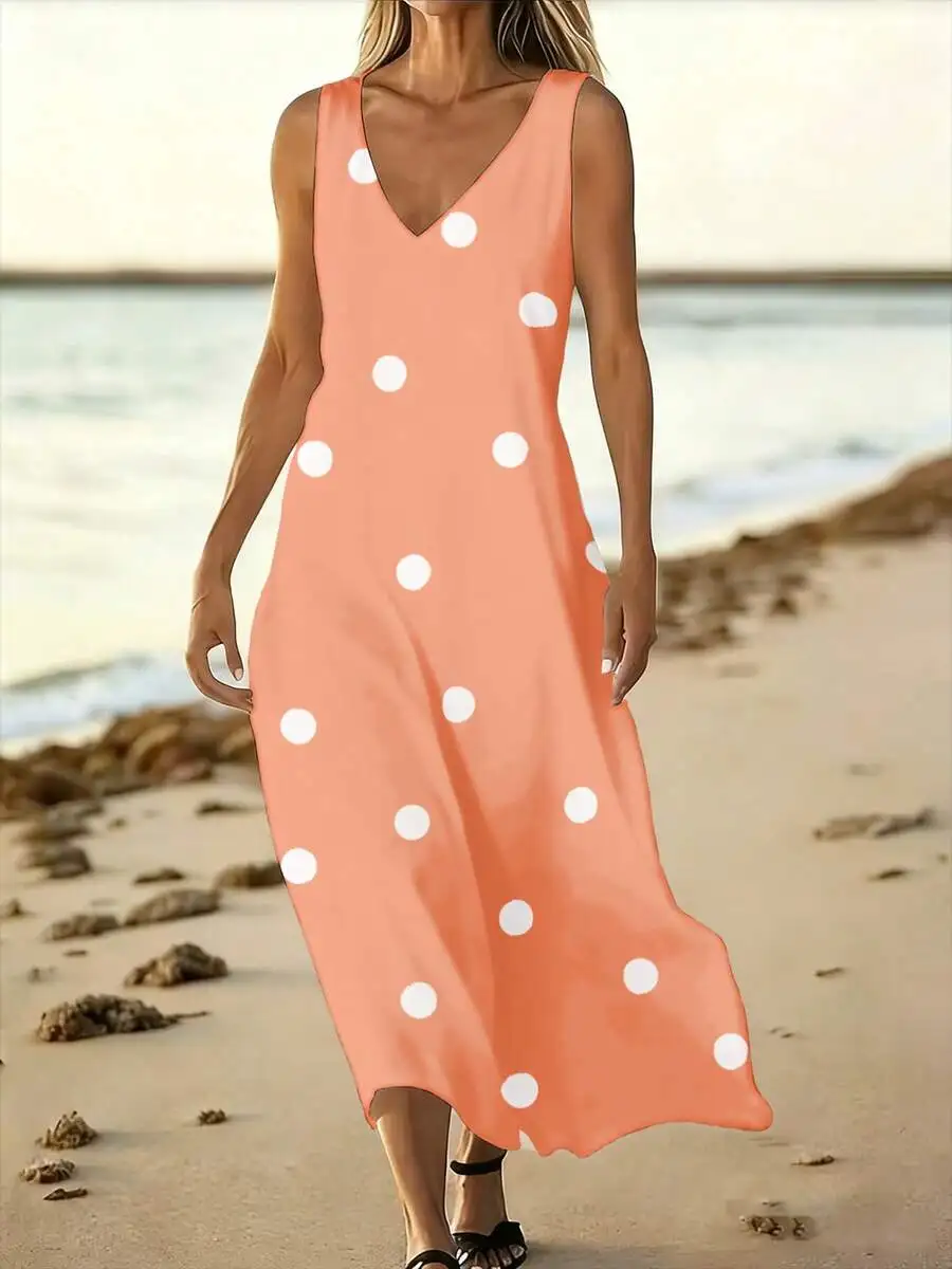 

Womens Coral Polka Dot V Neck Sleeveless Loose Maxi Dress For Beach Vacation