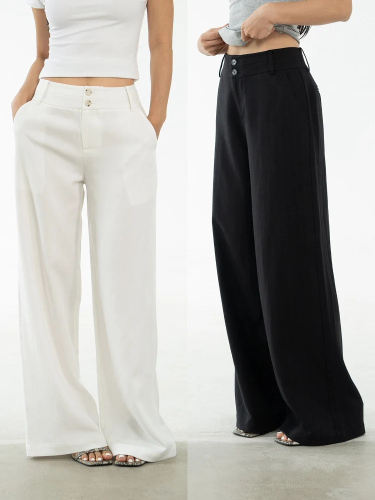 

Ravehouse Simple Wide Waist Trousers Wide Leg Loose Fit Silk Long Pants Casual Summer Faion Ladies' Pants