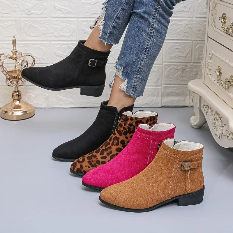 2024 Hot Sale Shoes for Women Side Zip Women\'s Boots Winter Round Toe Suede Solid Short Barrel Low Heels Large Size Naked Boots