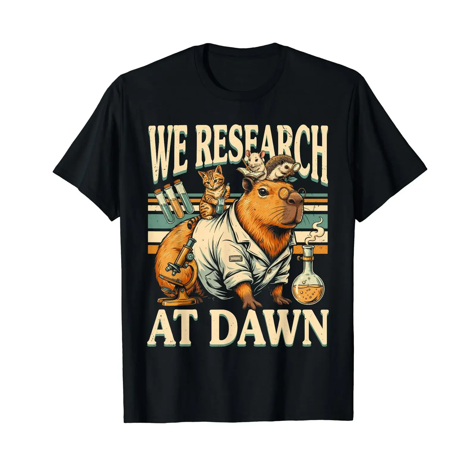 We conduct research at Dawn Capybara Scientist Affordable graphic T shirt vintage Washed fashion Unisex Versatile streetwear