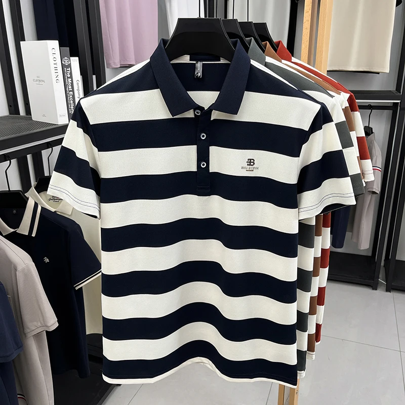 Men's Golf Polo Shirt with Collar, Short Sleeves and Wide Stripes – Breathable Summer Casual Business T-shirt