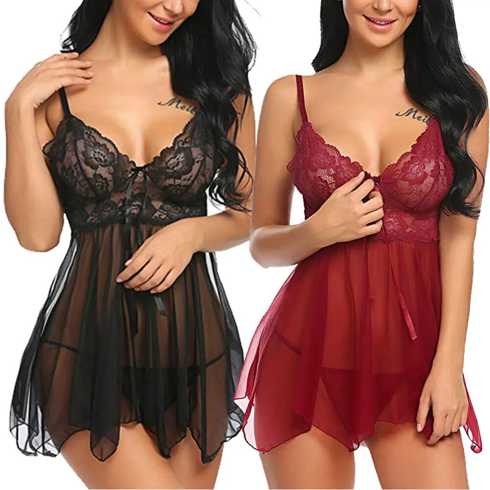 

Womens Nighties Sexy Lingerie Lace Mesh V Neck Babydoll Set Nightwear Mesh Chemises Negligees Slip Sheer Dress with Thong