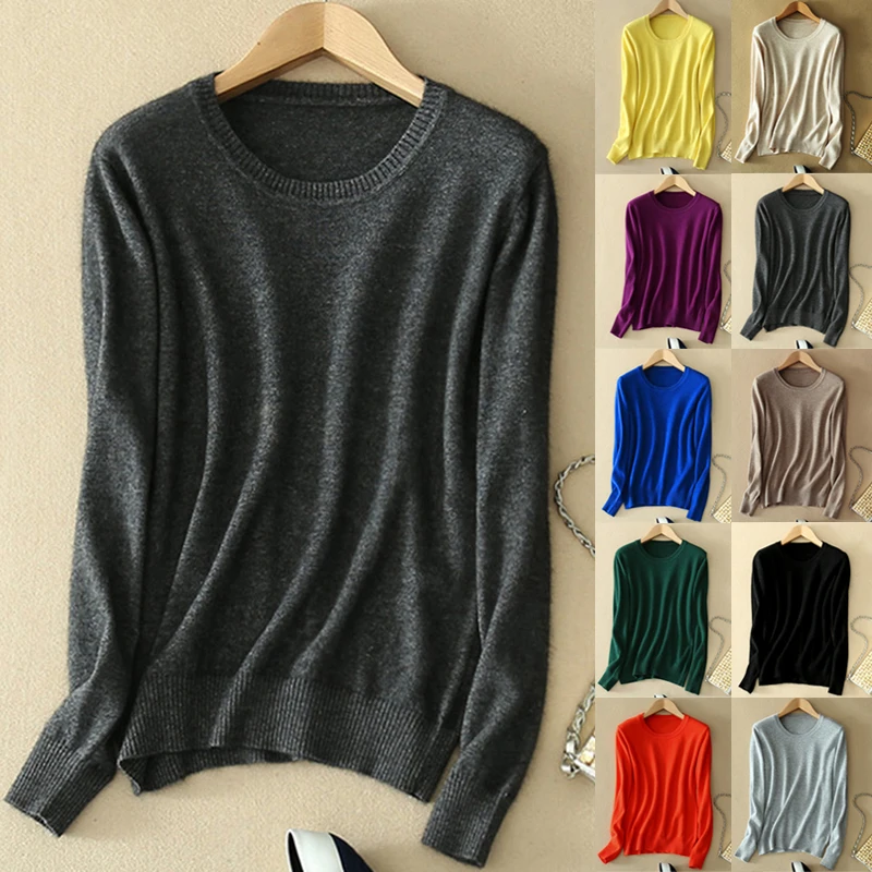 Women O-Neck Cashmere Wool Sweater Autumn Winter Long Sleeve Knitted Pullover Casual Warm Jumpers Bottoming Shirt Knitwear Top