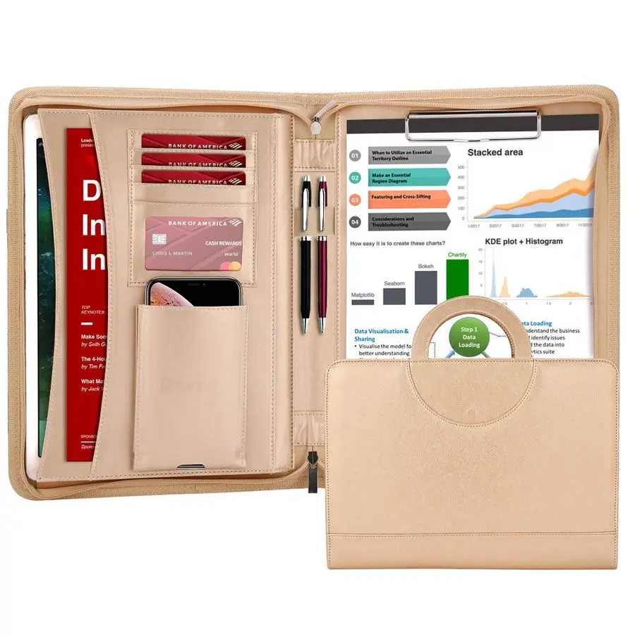 

Zippered Leather Padfolio Portfolio with Hidden Handle and Clipboard, Business Conference Organizer Notepad Folder, Portfolio Ba