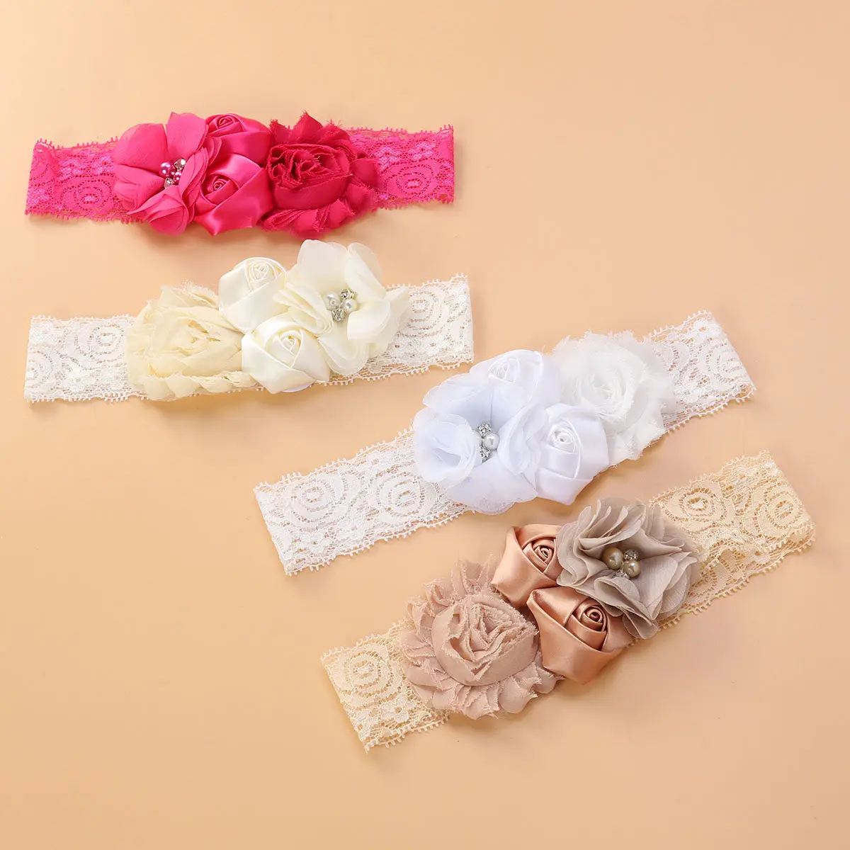 

4Pcs Baby Lace Headbands for Girls 0-3 Years Super Stretchy Ribbon Chiffon Rhinestone Flower Satin Rose Christening Baptism
