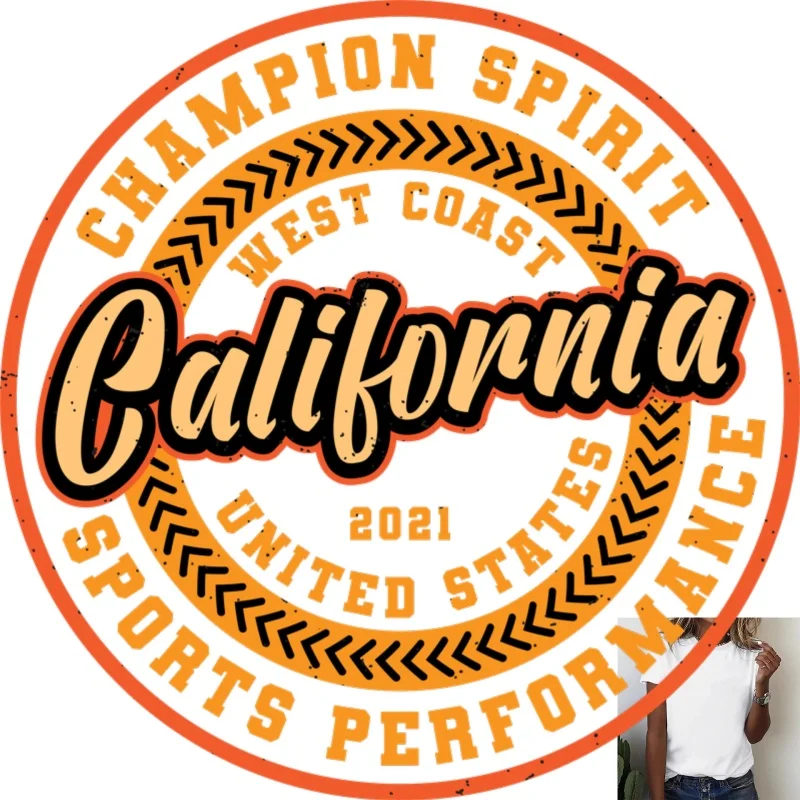 Retro California Sports Spirit Heat Transfer White Ink Iron - on Patch, Suitable for T - shirts/Canvas Bags, Casual & Trendy &
