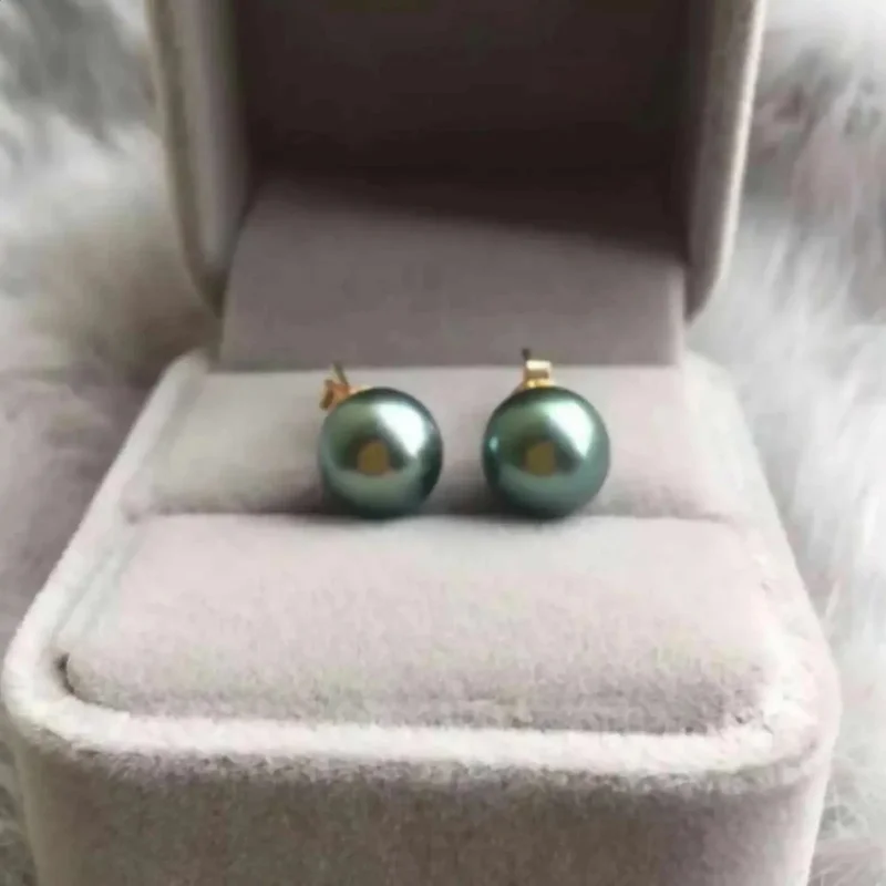 

12mm natural bla green Tahitian round pearls 14K gold earrings Thanksgiving watercolor wedding gift240918