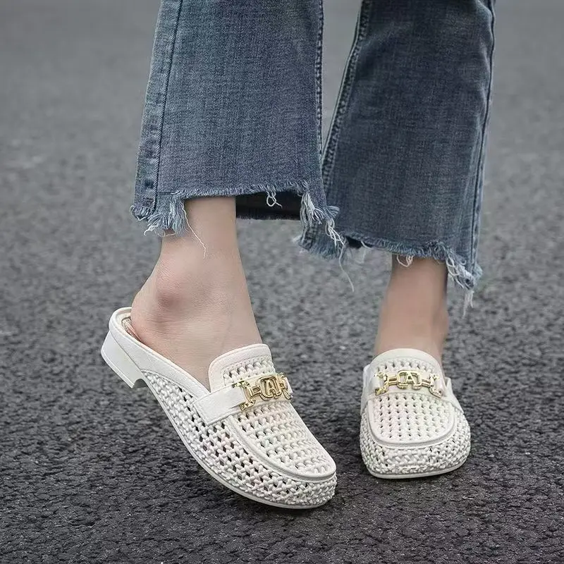 

Женские тапочки Baotou на низком каблуке, новые летние нескользящие дышащие домашние тапочки на мягкой подошве, уличные полутапочки, сандалии