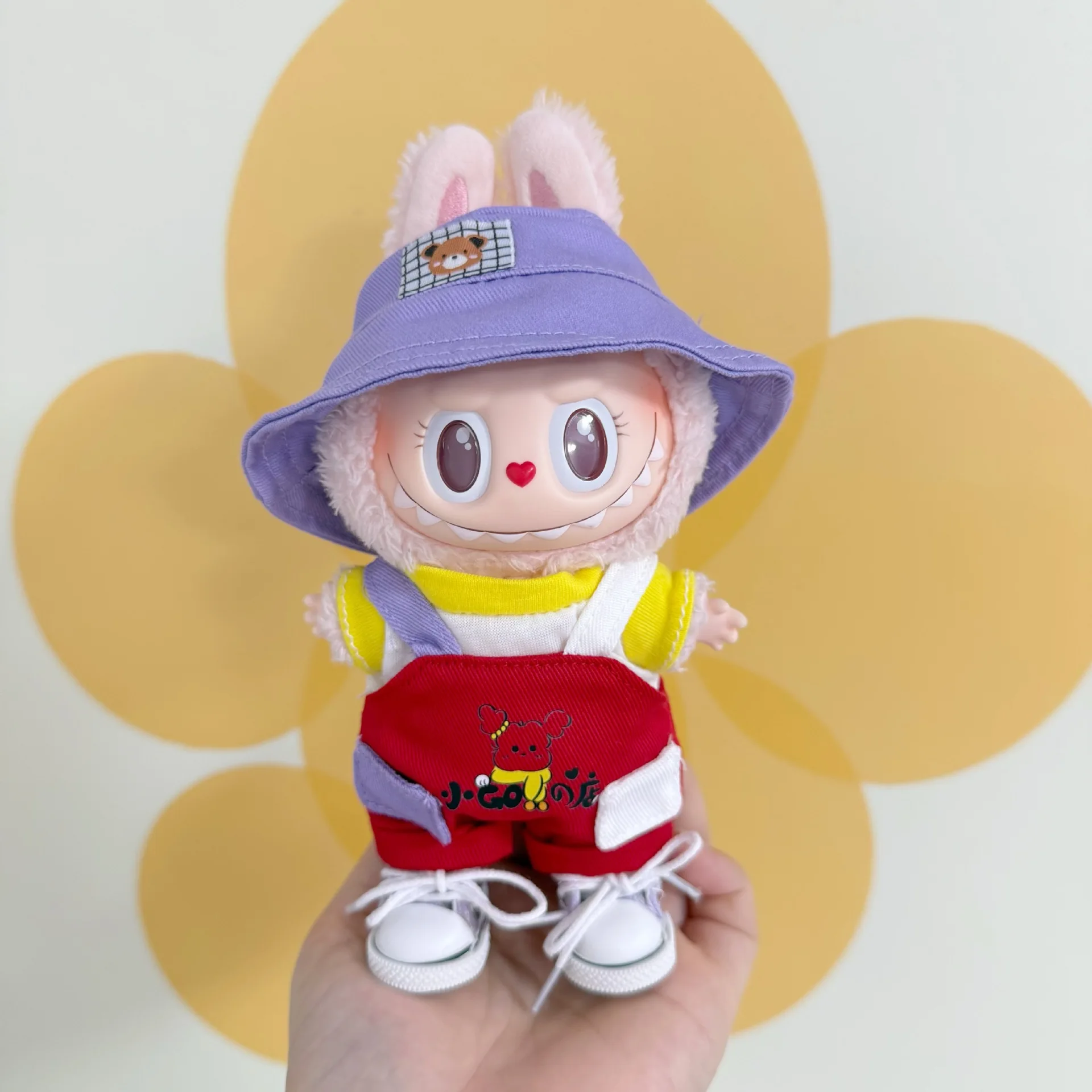 

Clothes For 15/17cm 1st-3rd Gen Labubu Dolls Cartoon Set Purple Spliced Puppy Overalls With Fisherman Hat And Canvas Shoes