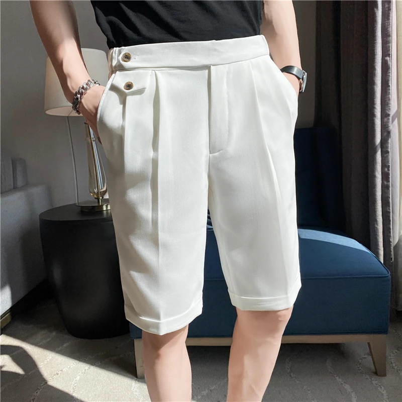 2024 Summer New Elastic Waist Knee Length Business Formal Wear Straight Shorts Men Clothing Simple Slim Fit Casual Short Homme