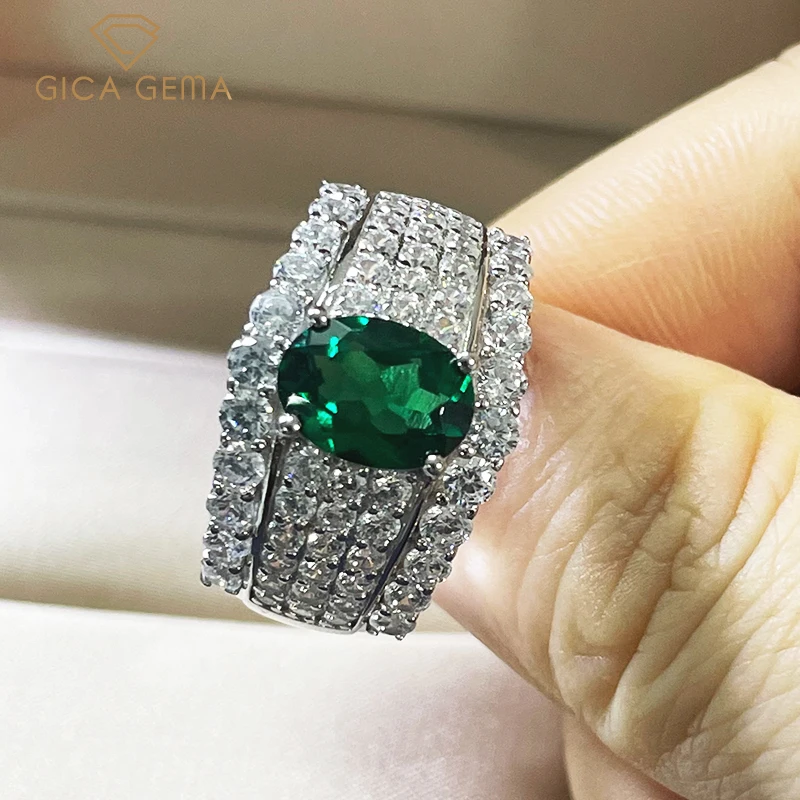 

GICA GEMA High Carbon Drill Rings For Women 925 Sterling Silver Green Diamond 7*9mm Oval Anniversary Wedding Fine Jewelry Gifts