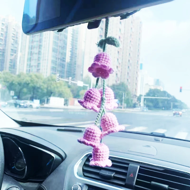 Handmade Crochet Flower Women Car Rearview Mirror Pendant Girl Wind Chimes Bell Orchid Bag Keychain Hanging Ornament Accessorie