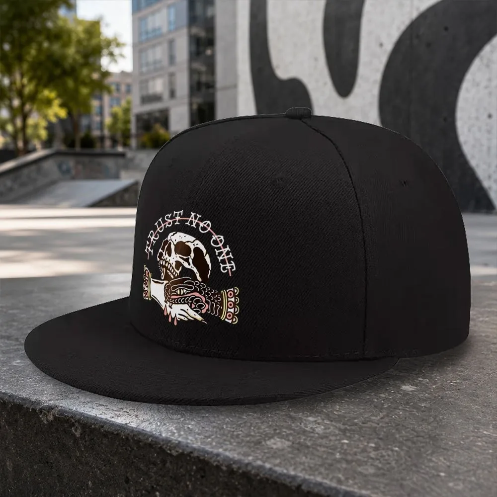 Trust No One Skull Print Flat Brim Baseball Cap Unisex Casual Outdoor Sports Cap for Camping Trips