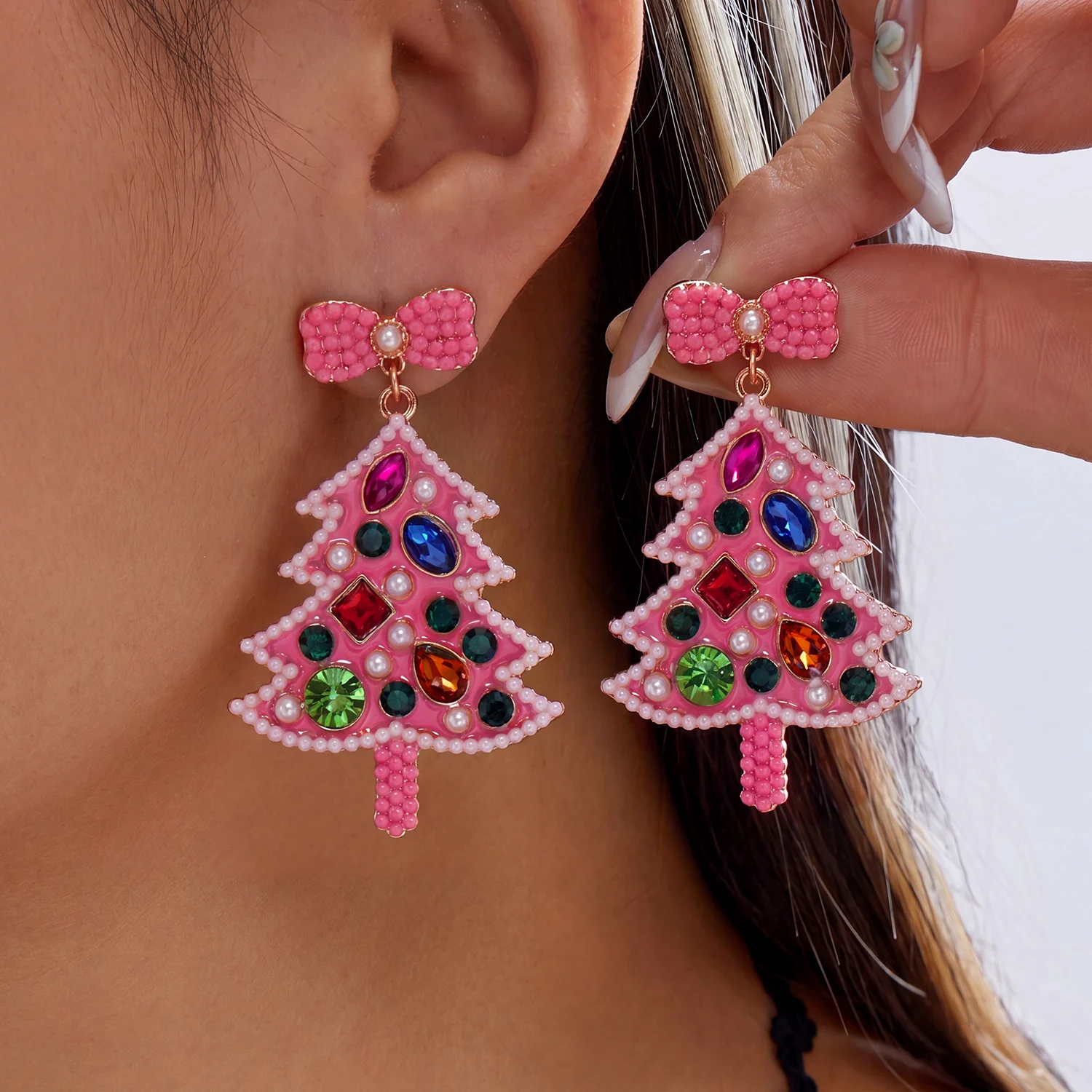 Luxuriöse Rosa Zirkon Weihnachtsbaum-Ohrhänger für Damen Niedliche Stern-Imitationsperlen-Ohrringe Ästhetischer Neujahrs-Schmuck – Detail 2