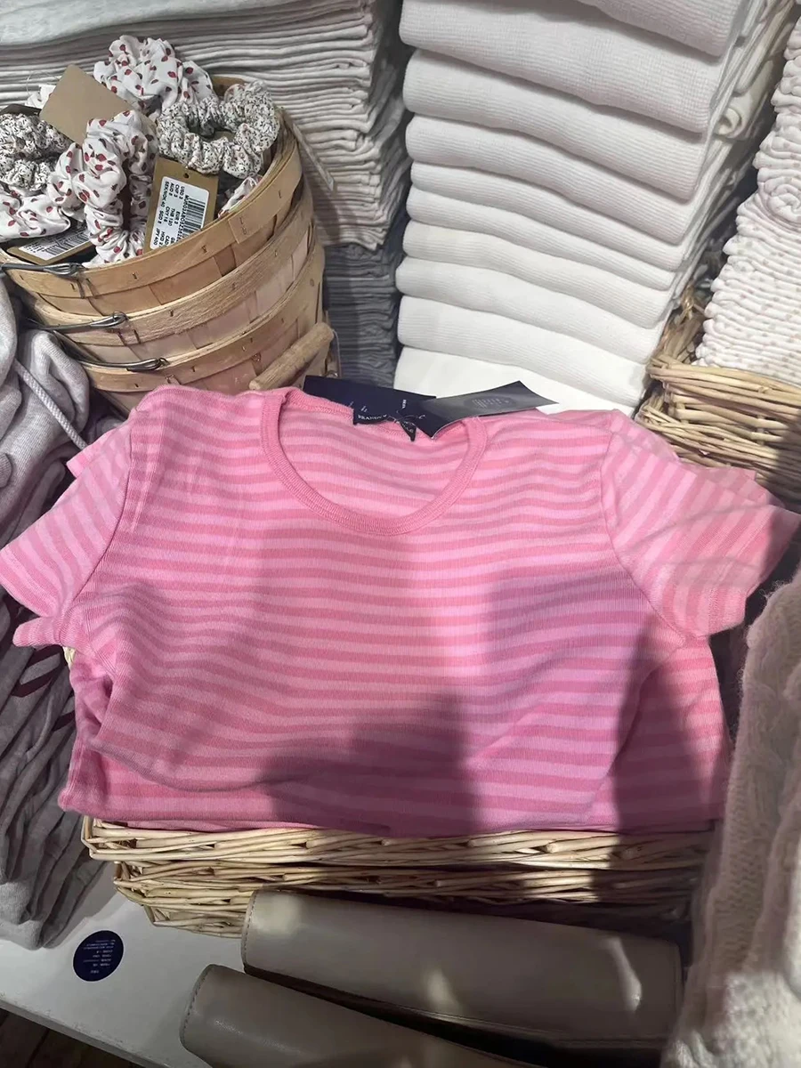 Różowy Striped Slim T-shirt Women Casual Summer O-Neck Short Sleeve Tee Shirts Female Sweet Cute Preppy Style Cotton Tshirts Y2k