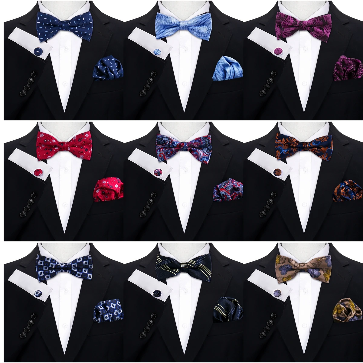 Elegant Luxury Men Bow Tie 3 Pcs Gift Set Wedding Bow Tie Cufflinks Handkerchief Floral Paisley Accessories Party Graduation
