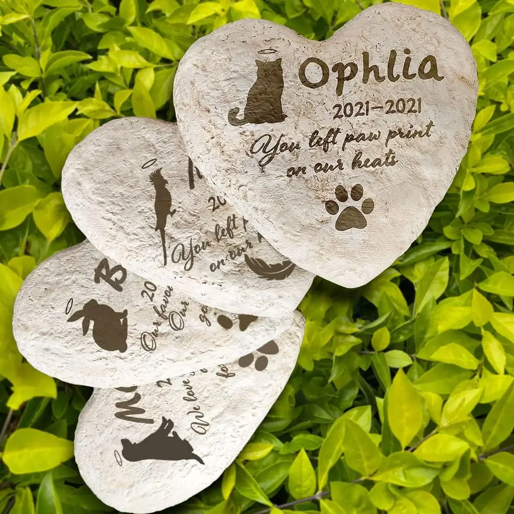 Heart Shaped Pet Memorial Stone Personalized Pet Grave Marker for Outdoor, Dog Tombstone Cat Headstone Handmade Sympathy Gift