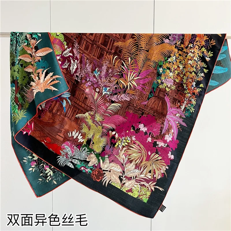 Women Blanket Scarf Shawl Cape 70% Wool 30% Silk Double-sided Printed Wraps for 2023 Autumn Winter