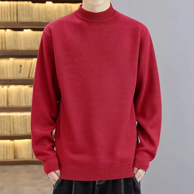 Fall Winter Solid Color Half Turtleneck Men Sweater Korean Fashion Thicken All-match Knitted Pullover Oversized Harajuku Top Tee