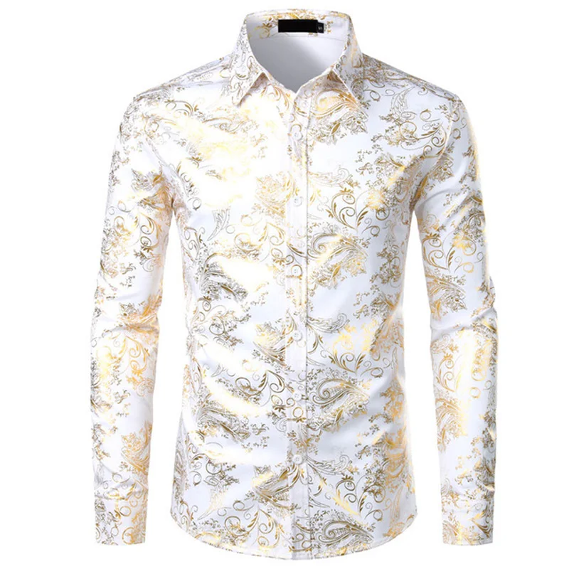 

Shiny Paisley Printed Luxury Dress Shirts Men Long Sleeve Casual Button Down White Wedding Groom Party Dinner Shirt Male Chemise