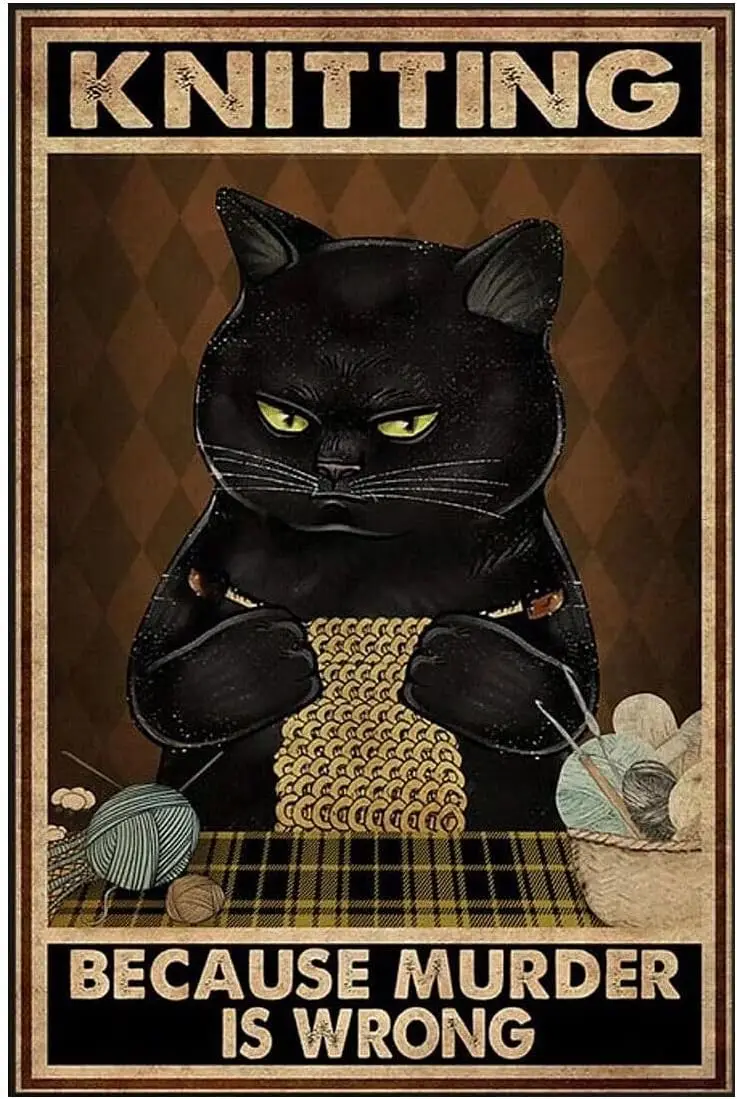 Metal Tin Sign Of Cat Sewing Knitting Style,Cat Knitting Yarn Retro Poster,Vintage Coffee and Bar Wall Art Decor Iron Paint sign