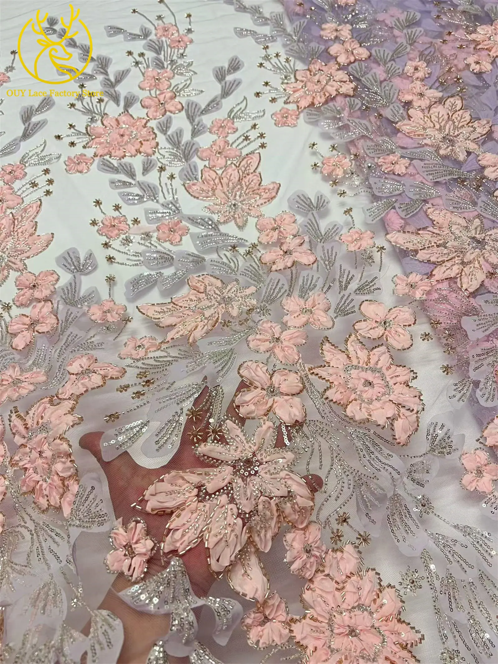 Exquisiter französischer Spitzenstoff mit Blumenstickerei und Pailletten, afrikanischer Perlen-Spitzenstoff für nigerianische Party- und Hochzeitskleider zum Nähen. – Detail 10