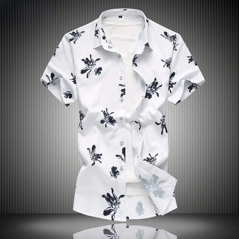 

Летняя мужская повседневная рубашка с коротким рукавом и цветочным принтом, модная городская модель из полиэстера с воротником-стойкой
