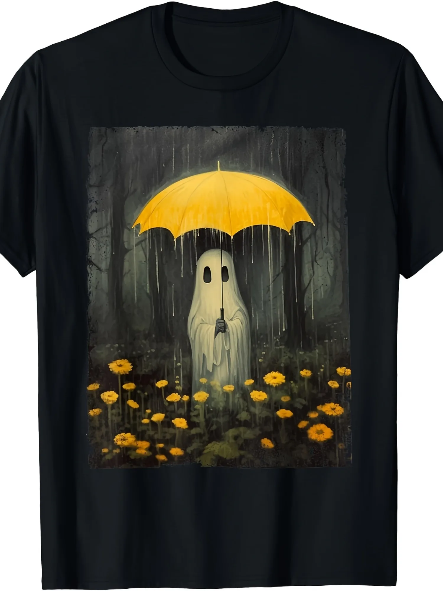 

Vintage Gothic Halloween T-Shirt - 180g Cotton Black Casual Streetwear with in Forest, Yellow Umbrella Orange Flowers Design