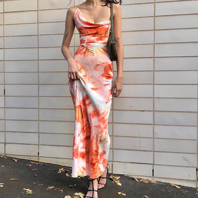 Summer New Fashion Printed Tie Dye Backless Strap Women Long Dress Orange Sexy Slimming Sleeveless Pencil Skirt Jupe Femme 923